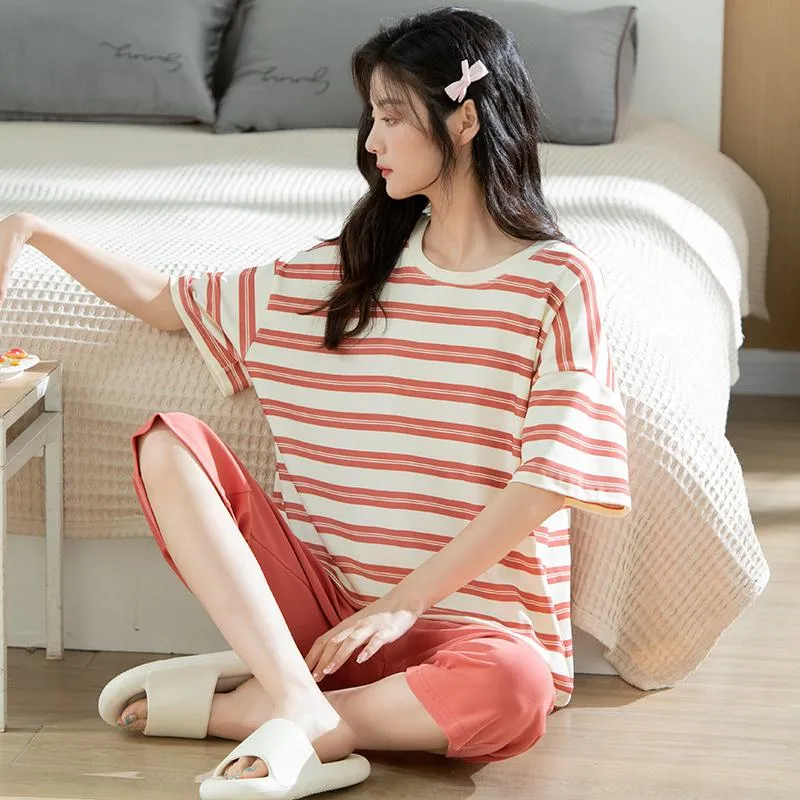 Pure Cotton Solid Round Neck Pullover Stripe Simplicity Lounge Set