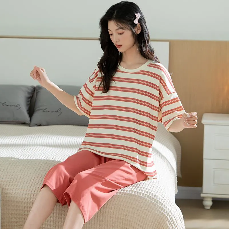 Pure Cotton Solid Round Neck Pullover Stripe Simplicity Lounge Set