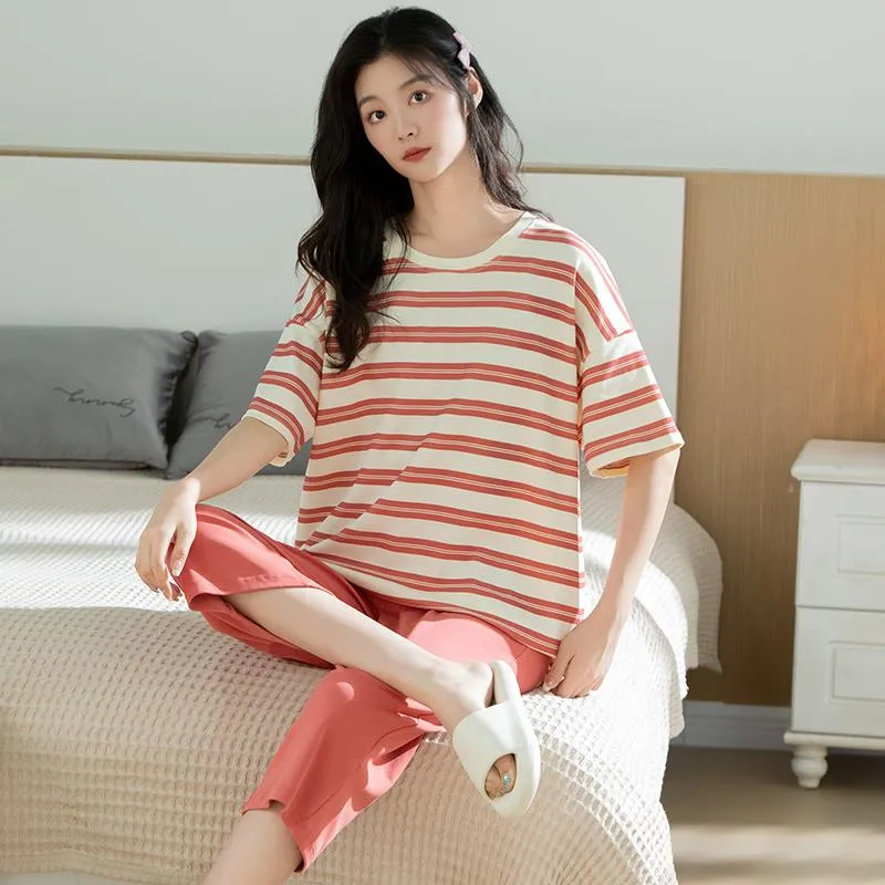 Pure Cotton Solid Round Neck Pullover Stripe Simplicity Lounge Set