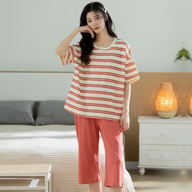 Pure Cotton Solid Round Neck Pullover Stripe Simplicity Lounge Set