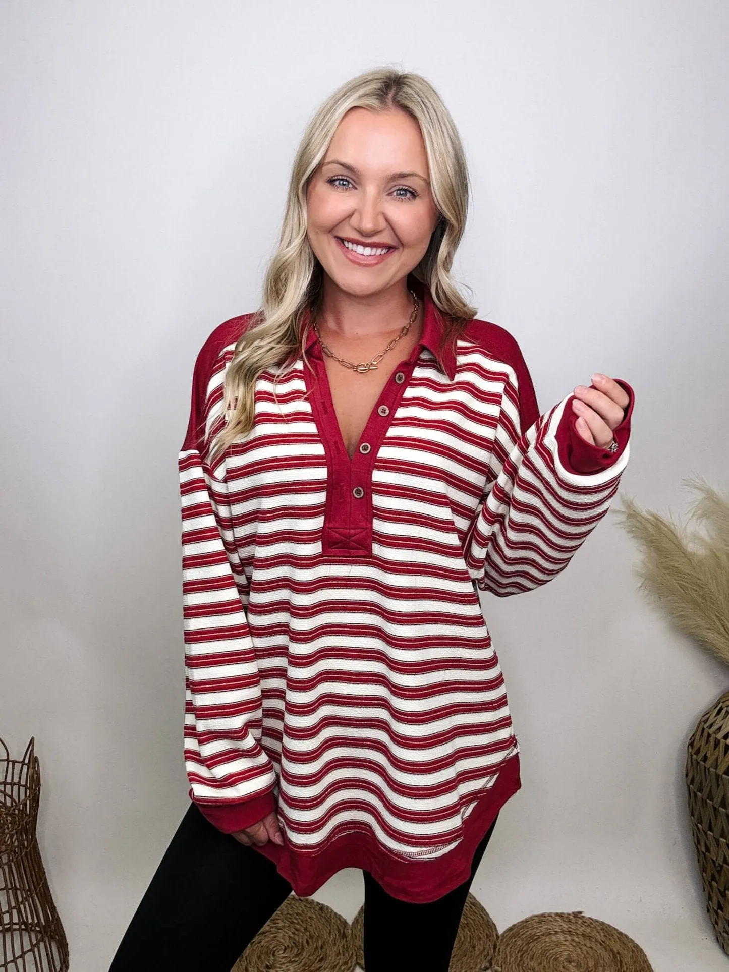 Red Striped Oversized Collared V-Neck Pullover with Button Details