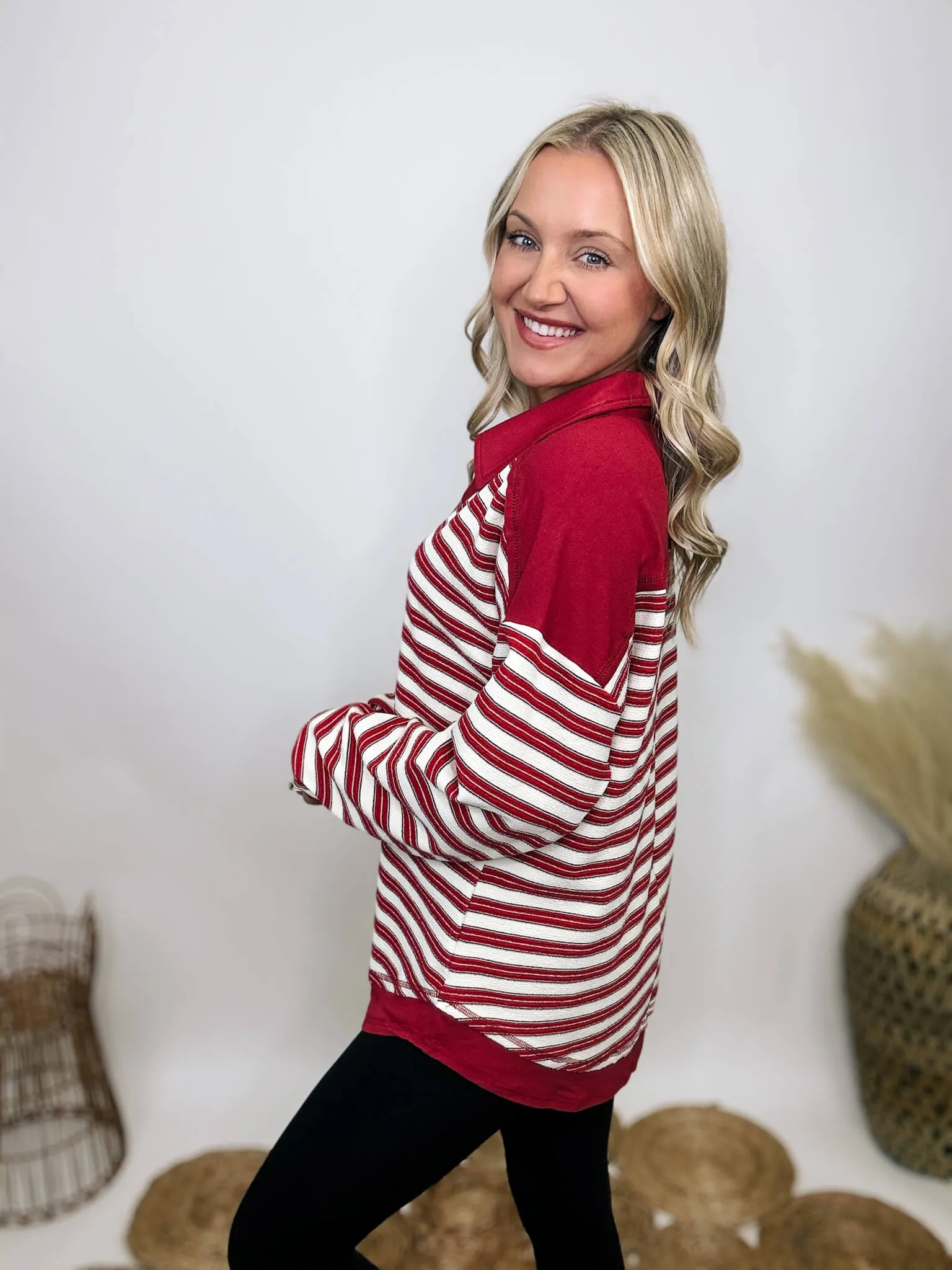 Red Striped Oversized Collared V-Neck Pullover with Button Details