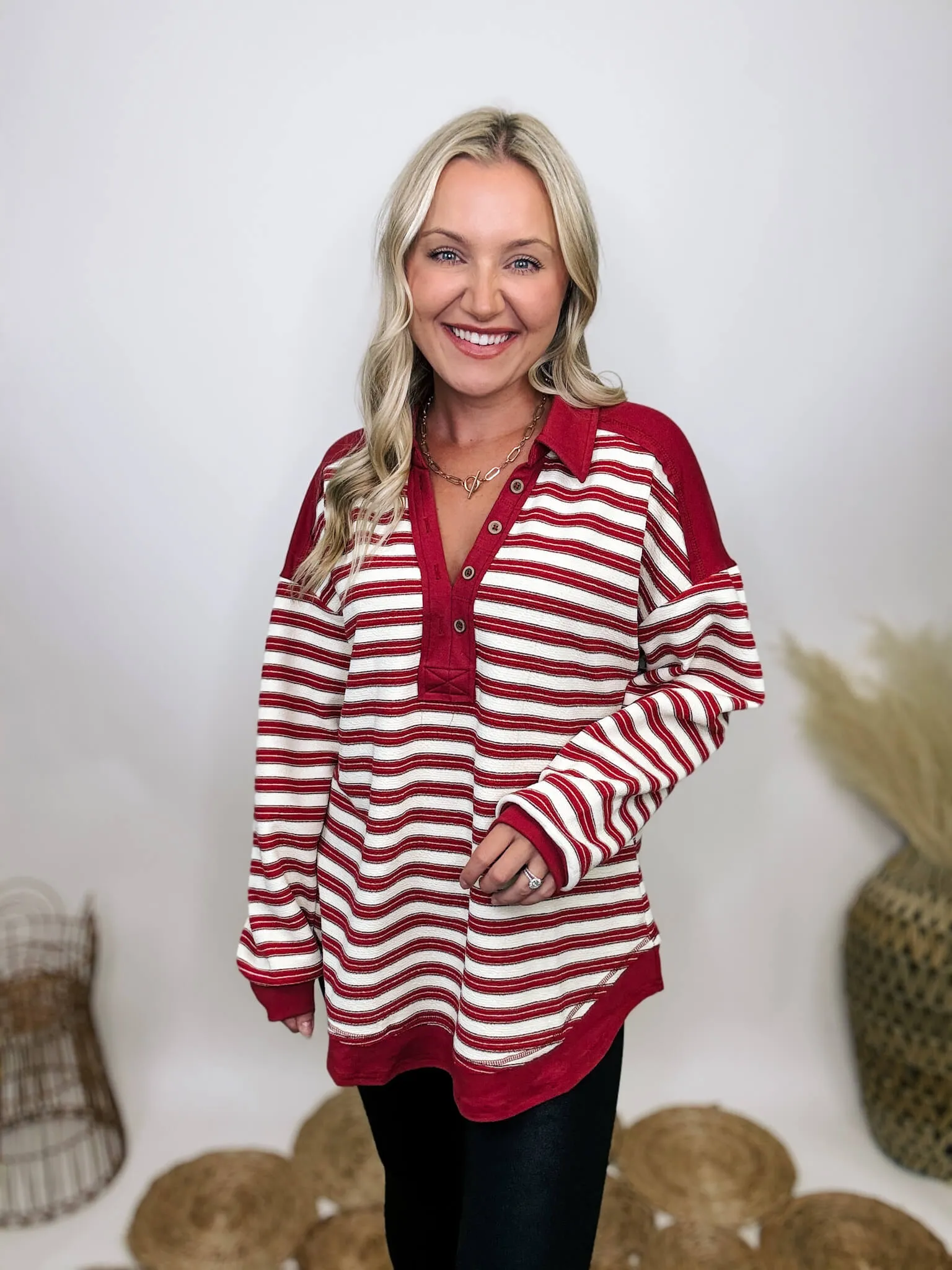 Red Striped Oversized Collared V-Neck Pullover with Button Details