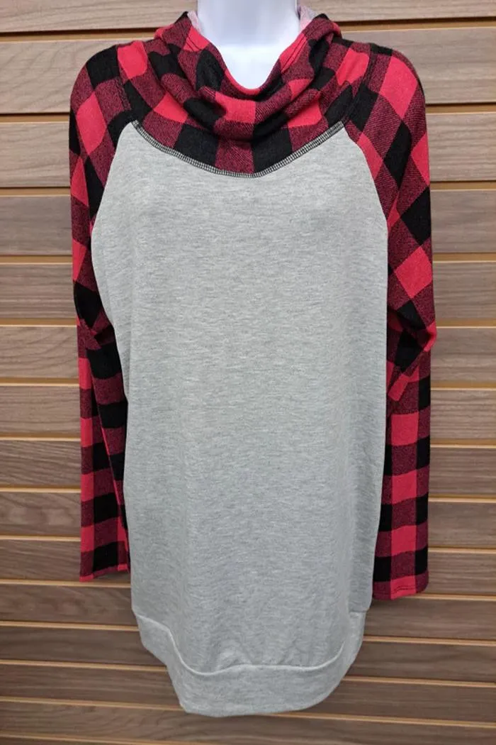 Red/Blk Plaid Gray Hoodie Long Sleeve