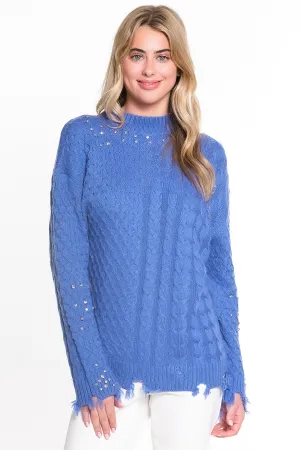 Rhinestone Mock Neck Sweater - Light Blue