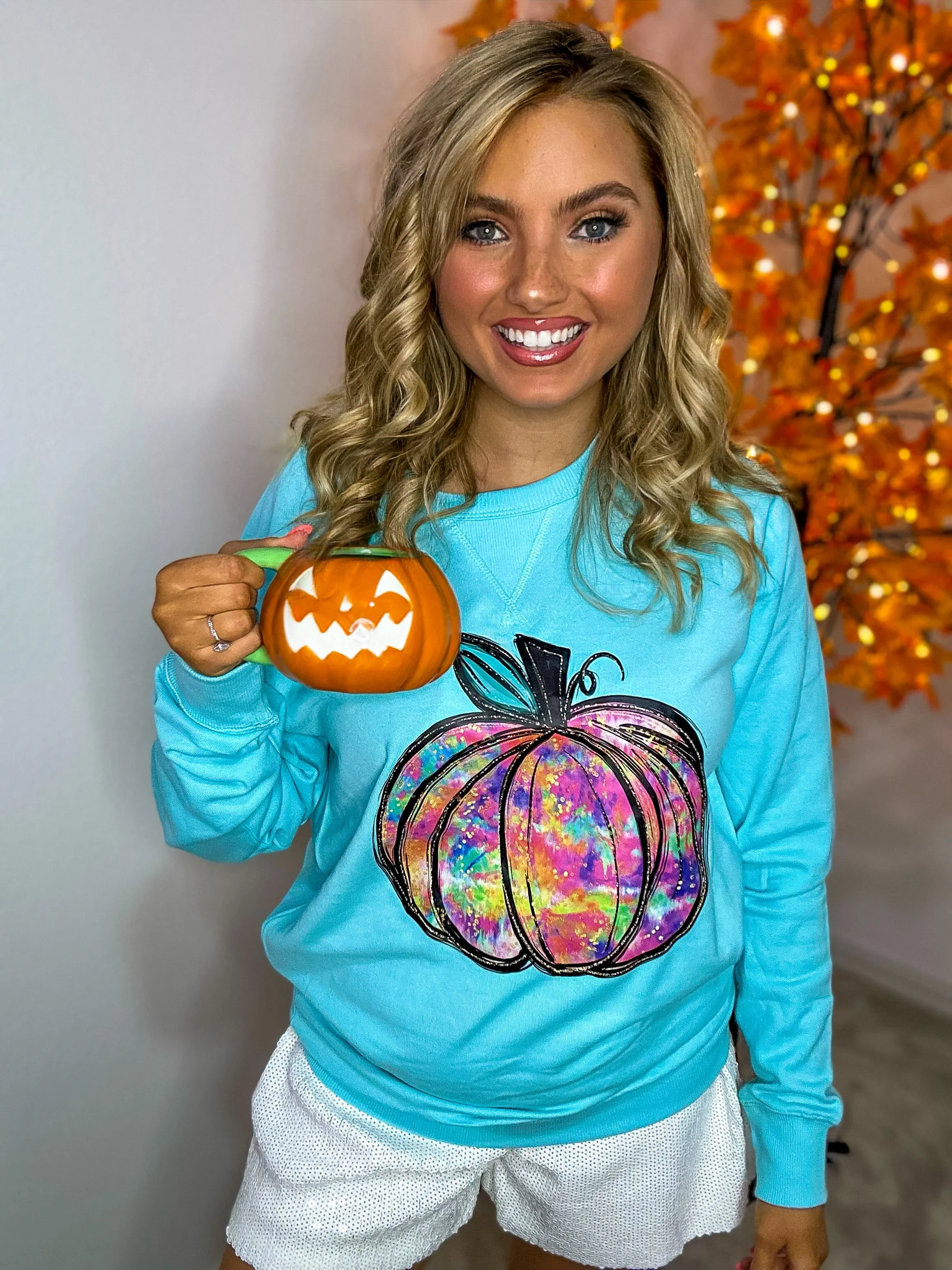 Season of Pumpkin Graphic Pullover - Scuba Blue