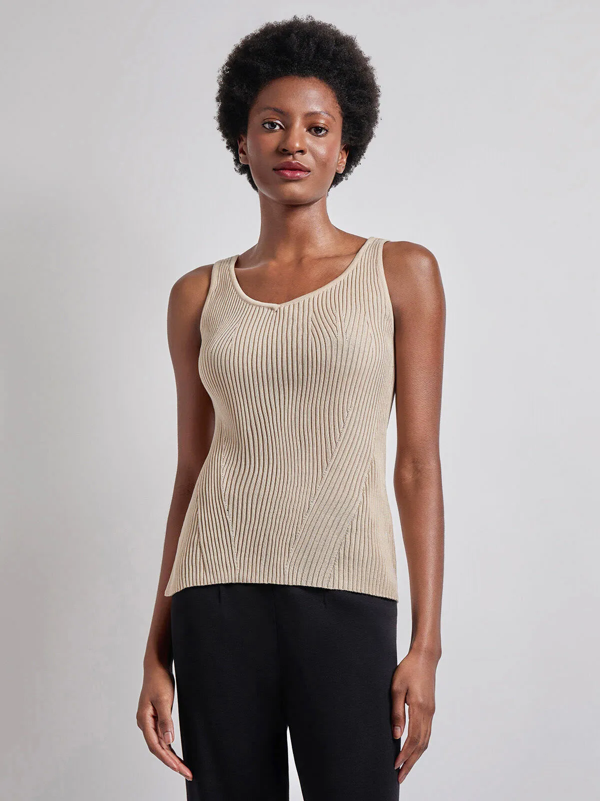 Shaped Ribbed Knit V-Neck Tank, Biscotti