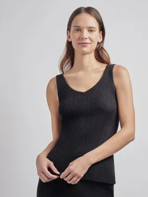 Shaped Ribbed Knit V-Neck Tank, Black