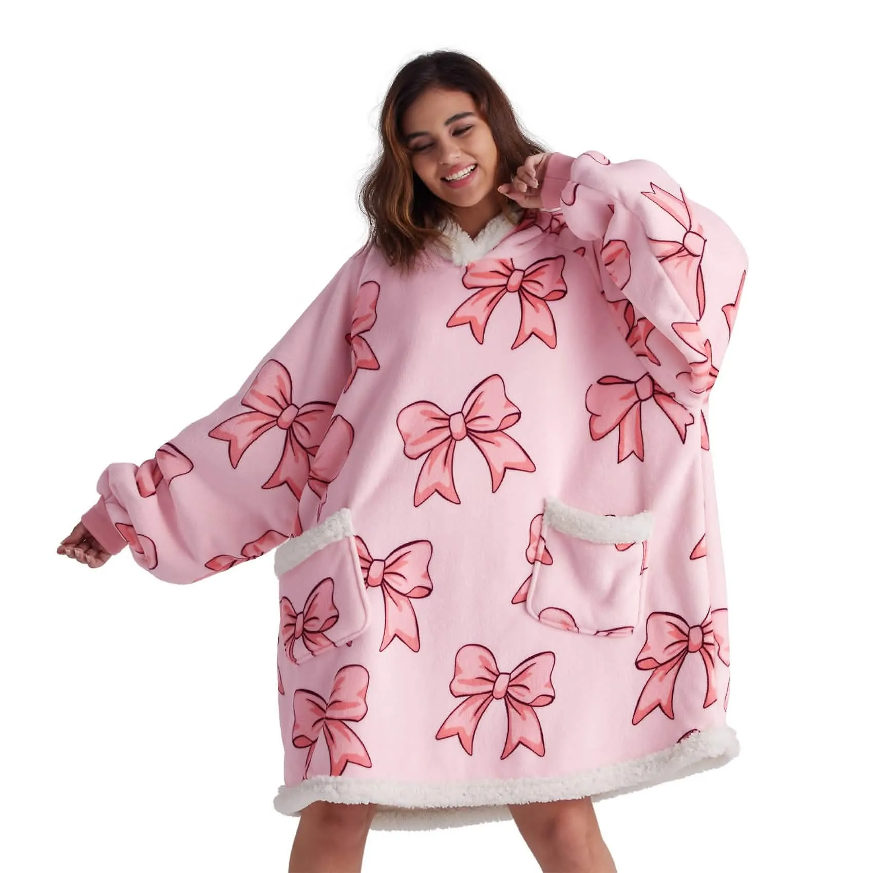 Sherpa Fleece Printed Short Wearable Blanket Hoodie Pink