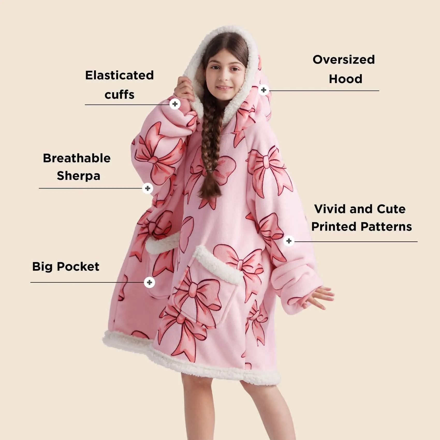 Sherpa Fleece Printed Short Wearable Blanket Hoodie Pink