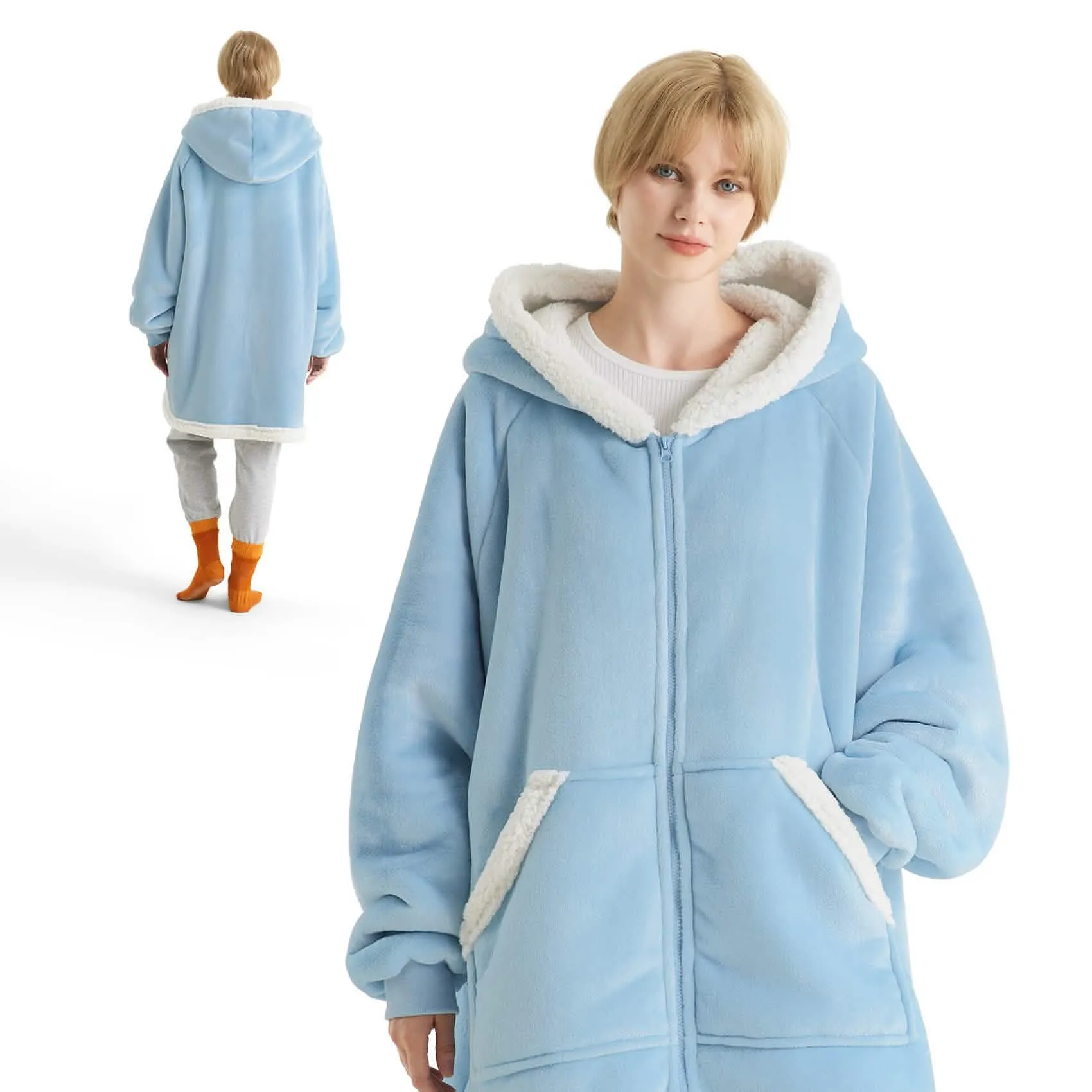 Sherpa Fleece Zippered Short Wearable Blanket Hoodie