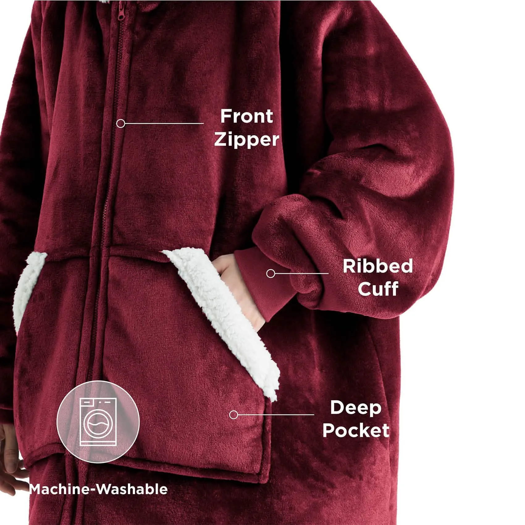 Sherpa Fleece Zippered Short Wearable Blanket Hoodie