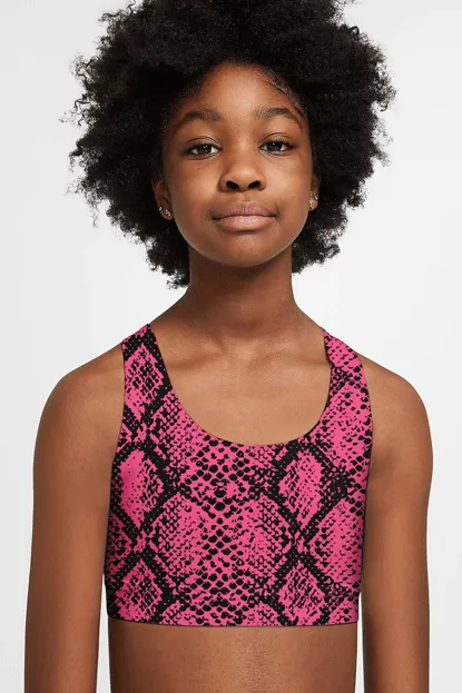 Snake Skin Neon Pink Stella Cute Seamless Sports Bra Crop Top - Kids