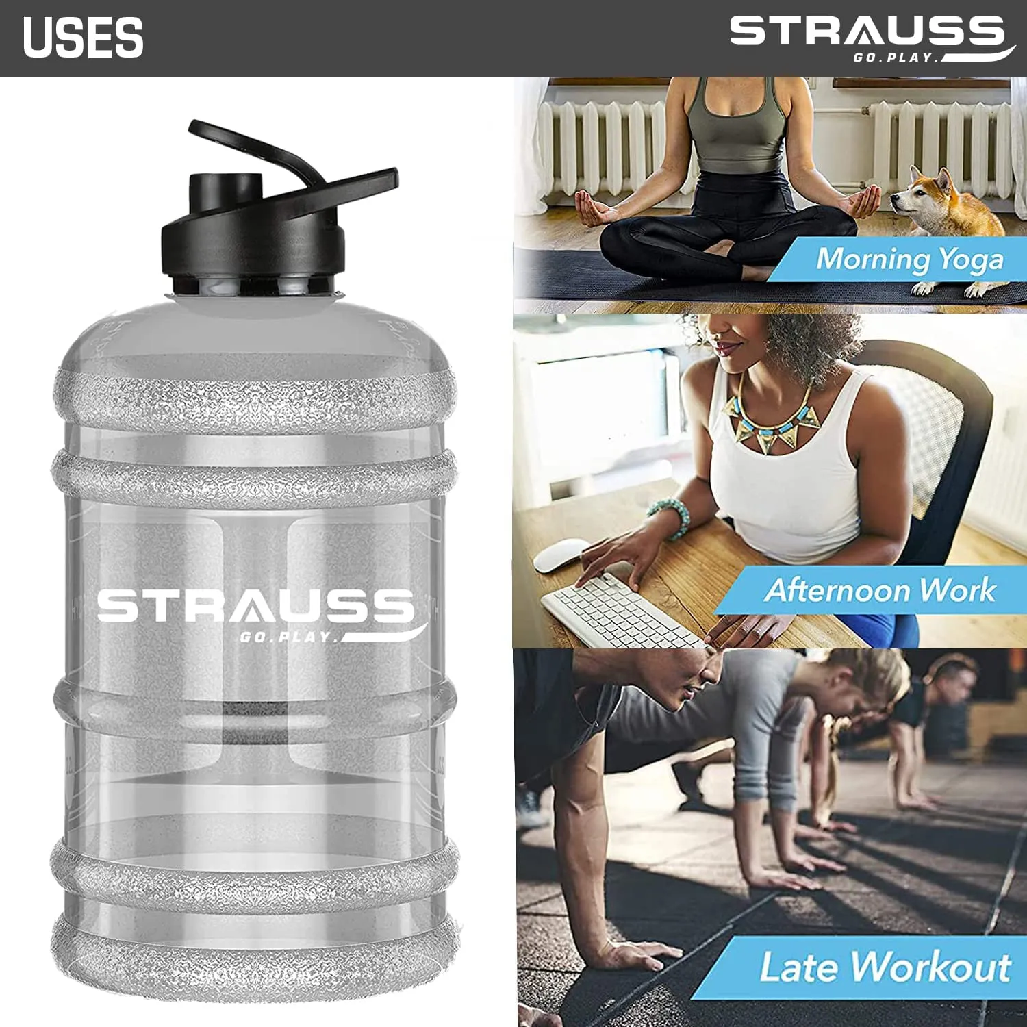 STRAUSS Gallon Shaker Water Bottle 1.5L with Mixer Ball, (Transparent, White Shade), (Pack of 2)