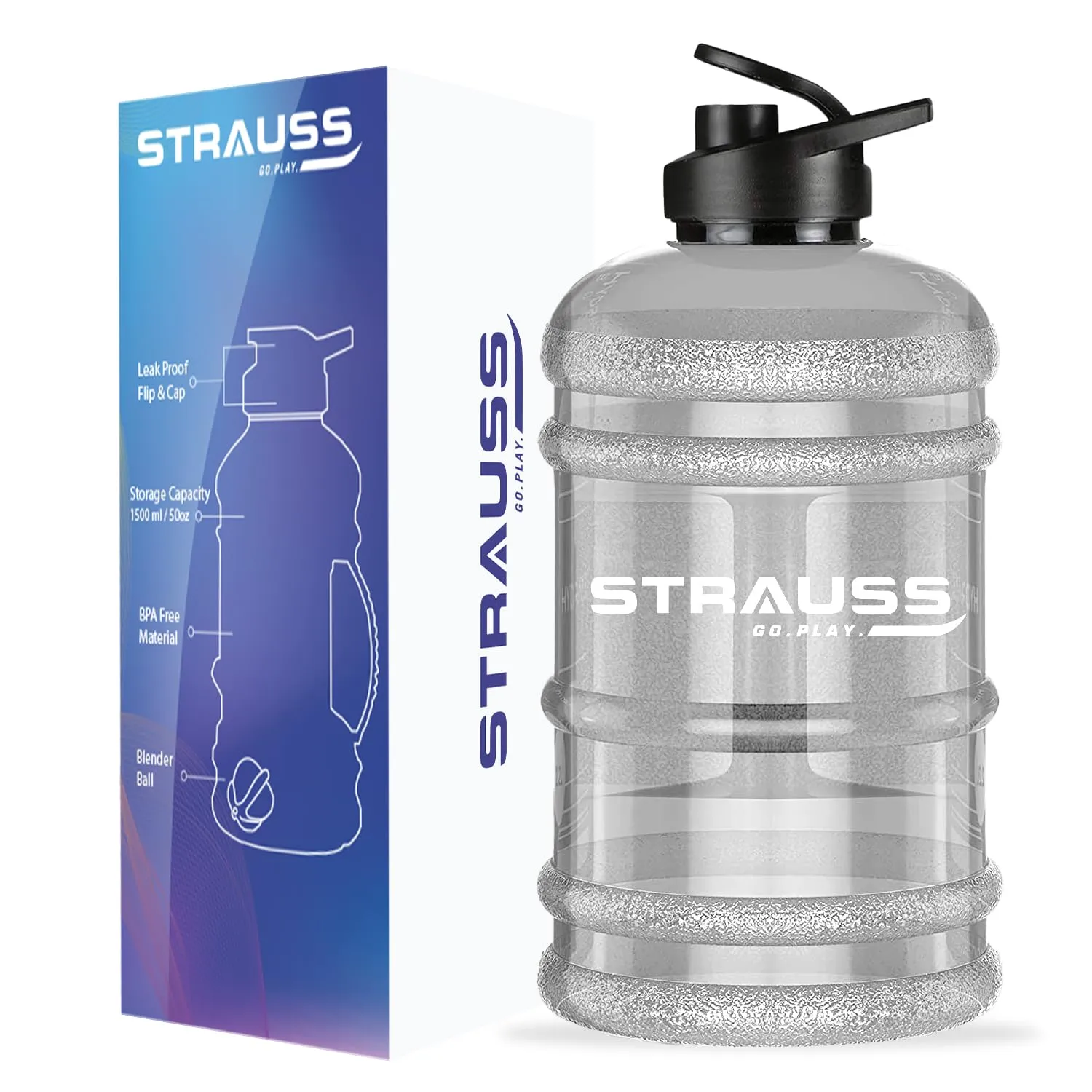 STRAUSS Gallon Shaker Water Bottle 1.5L with Mixer Ball, (Transparent, White Shade, Plastic, Pack of 1)