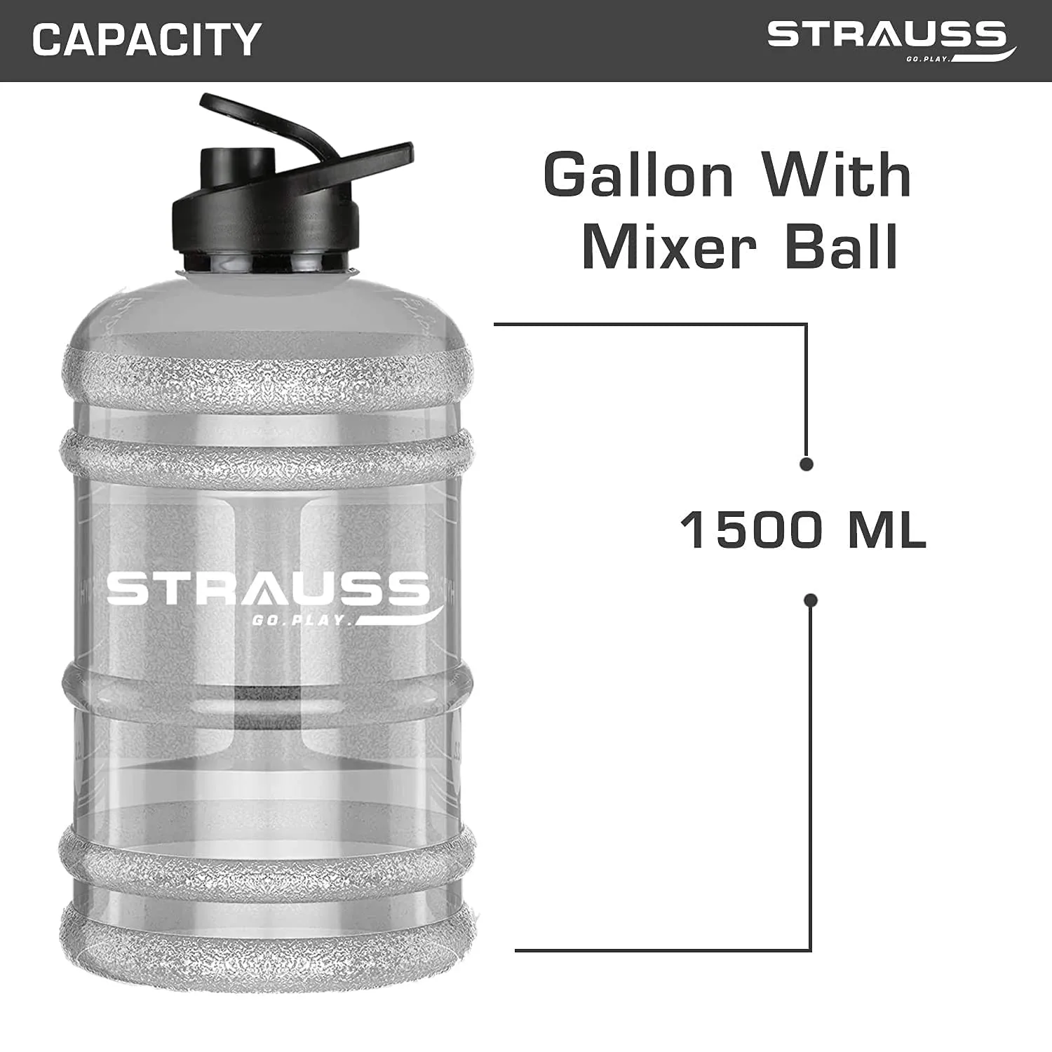 STRAUSS Gallon Shaker Water Bottle 1.5L with Mixer Ball, (Transparent, White Shade, Plastic, Pack of 1)