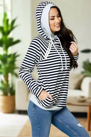 Womens Striped Hoodie Sweatshirt Black/White Sizes S/M/L/XL/2XL